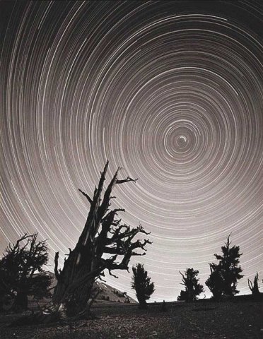 Фотография околополярной области звездного неба, полученная с большой экспозицией на неподвижной камере. Яркая дуга у центра вращения   полярная звезда